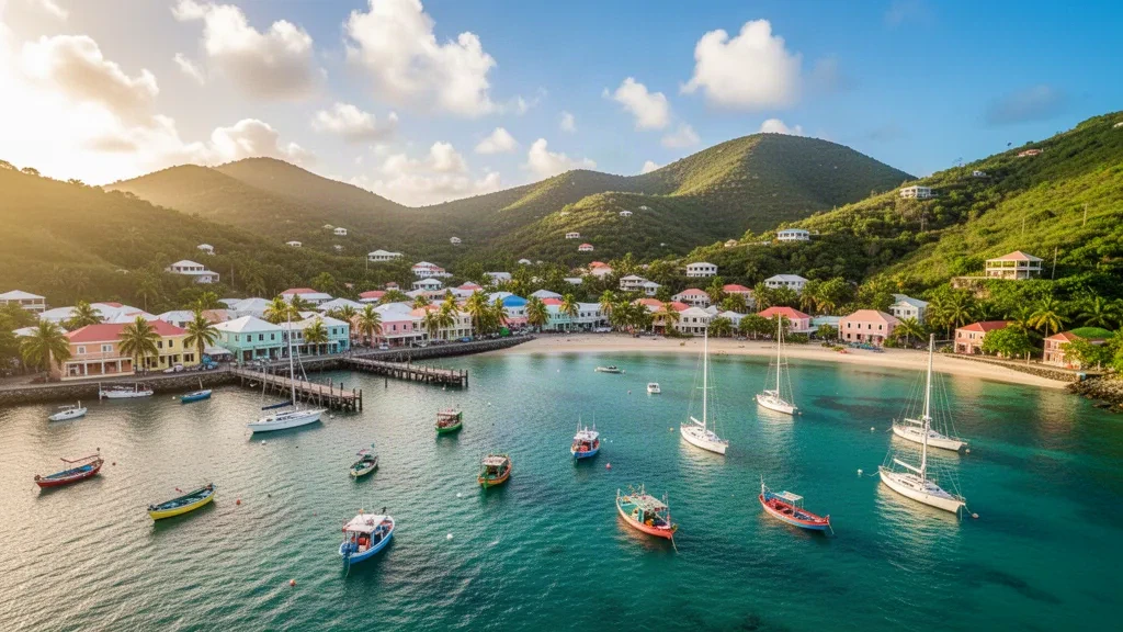 Turquoise Admiralty Bay with moored sailboats and the waterfront of Port Elizabeth, Bequia, in the Grenadines, under a bright tropical sky.