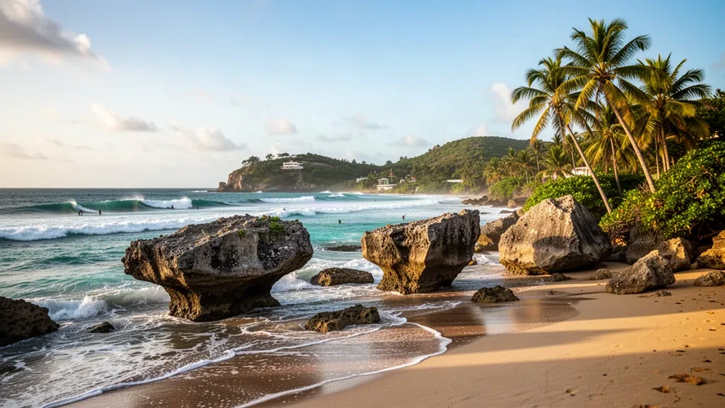 Kalksteinfelsen und türkisfarbene Brandung am Bathsheba Beach an der rauen Atlantikküste von Barbados mit geneigten Palmen