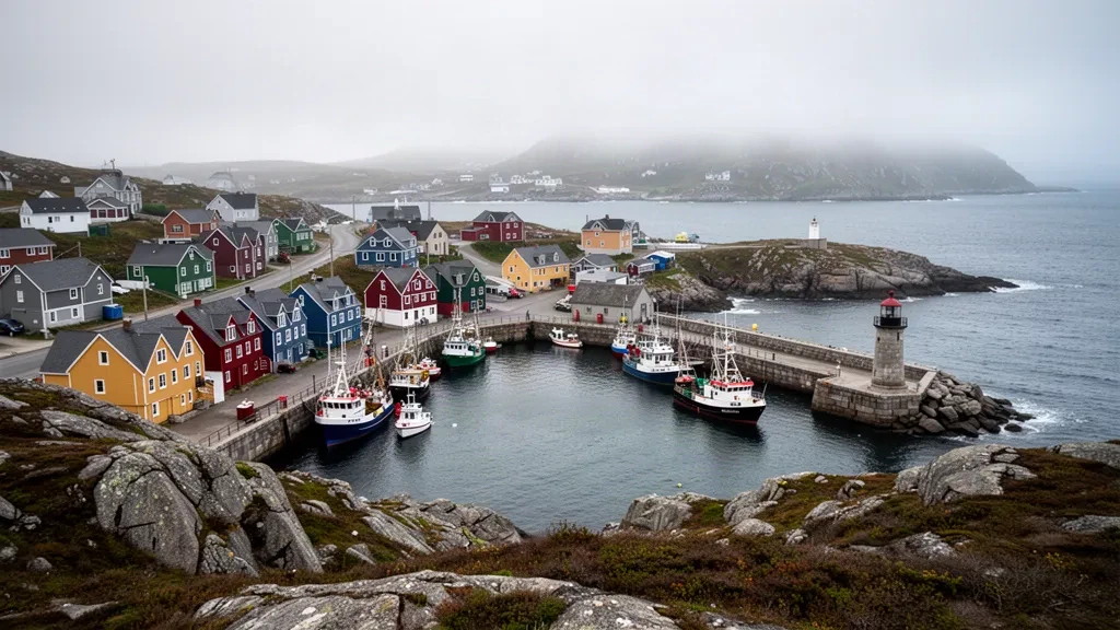 Saint Pierre ve Miquelon'da Saint-Pierre limanı çevresinde yumuşak Kuzey Atlantik ışığı altında renkli ahşap evler ve balıkçı tekneleri