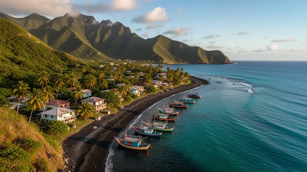 Vista aérea del pueblo y la desembocadura del río Layou en la parroquia de Saint Andrew, San Vicente, con barcos de pesca y montañas verdes.