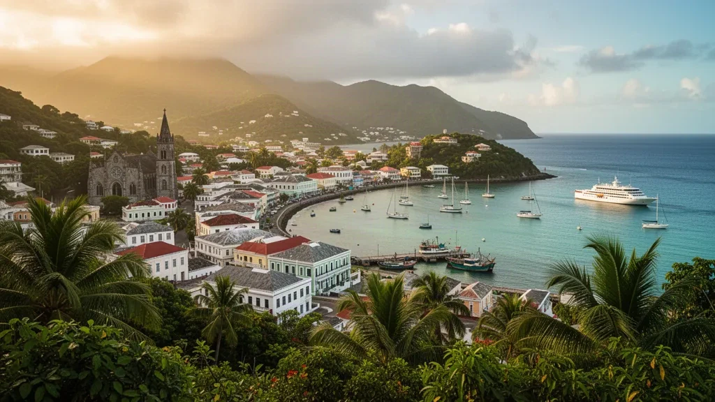 Kingstown harbour and pastel waterfront buildings in Saint Vincent and the Grenadines seen from a hillside at golden hour