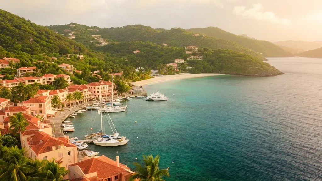 Erhöhte Ansicht des Hafens von Gustavia in Saint-Barthélemy mit Gebäuden mit roten Dächern am Wasser, Yachten und türkisfarbenem karibischem Wasser in goldenem Licht