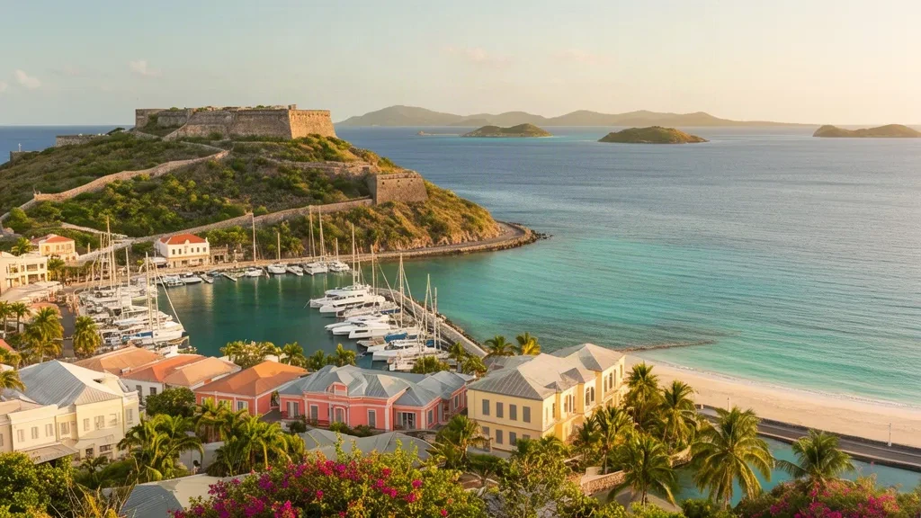 Blick zur goldenen Stunde über die Bucht von Marigot auf der französischen Seite von Saint-Martin, mit dem Fort Louis auf dem Hügel und Yachten im Yachthafen darunter