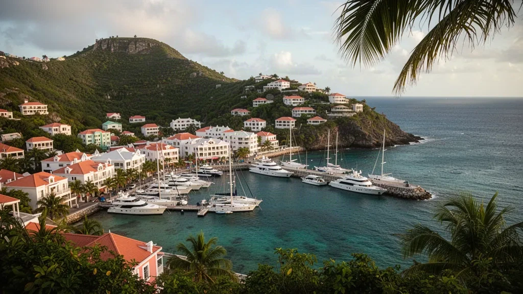 Porto turchese di Gustavia a Saint-Barthélemy pieno di yacht ormeggiati, edifici pastello sul lungomare e colline verdi nell'ora dorata