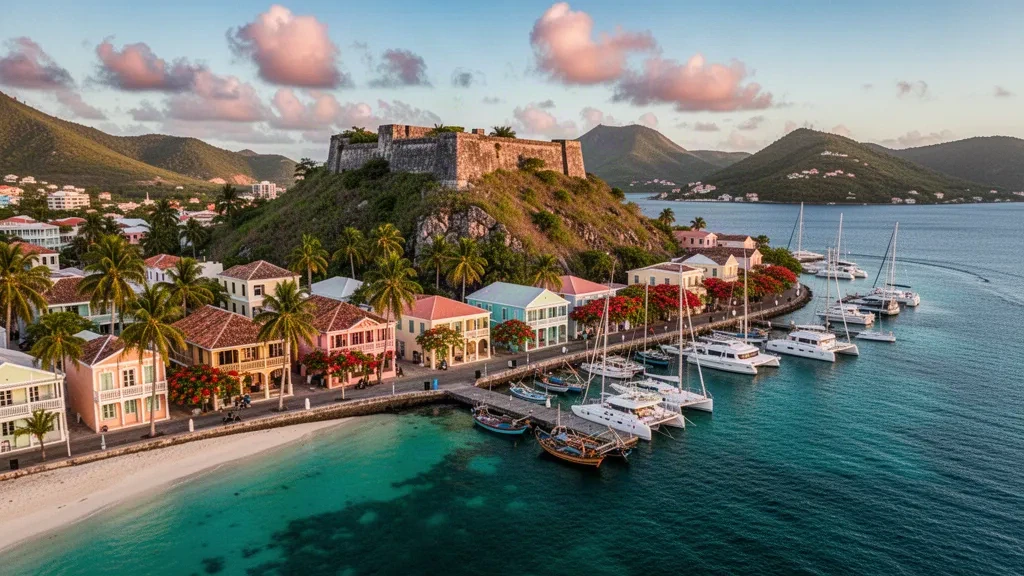 Veduta all'ora d'oro sulla baia di Marigot e il suo porto turistico a Saint-Martin francese, con Fort Louis sulla collina verde sopra il lungomare
