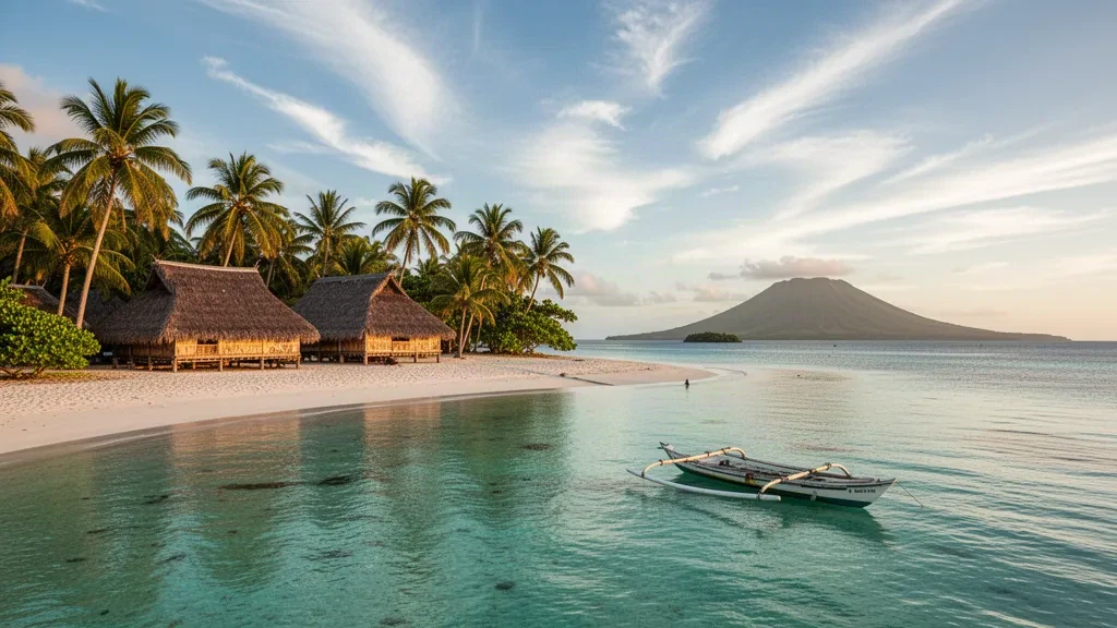 Vue panoramique de l'île de Manono et de son lagon turquoise à Aiga-i-le-Tai, aux Samoa, avec des fale traditionnels et une côte bordée de palmiers.