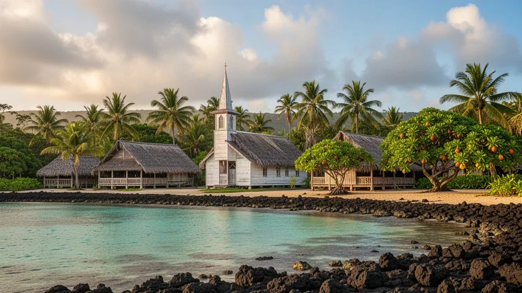 Fale samoano tradicional e iglesia blanca junto a la laguna turquesa de Safotulafai, en el distrito de Fa'asaleleaga, Savai'i, Samoa