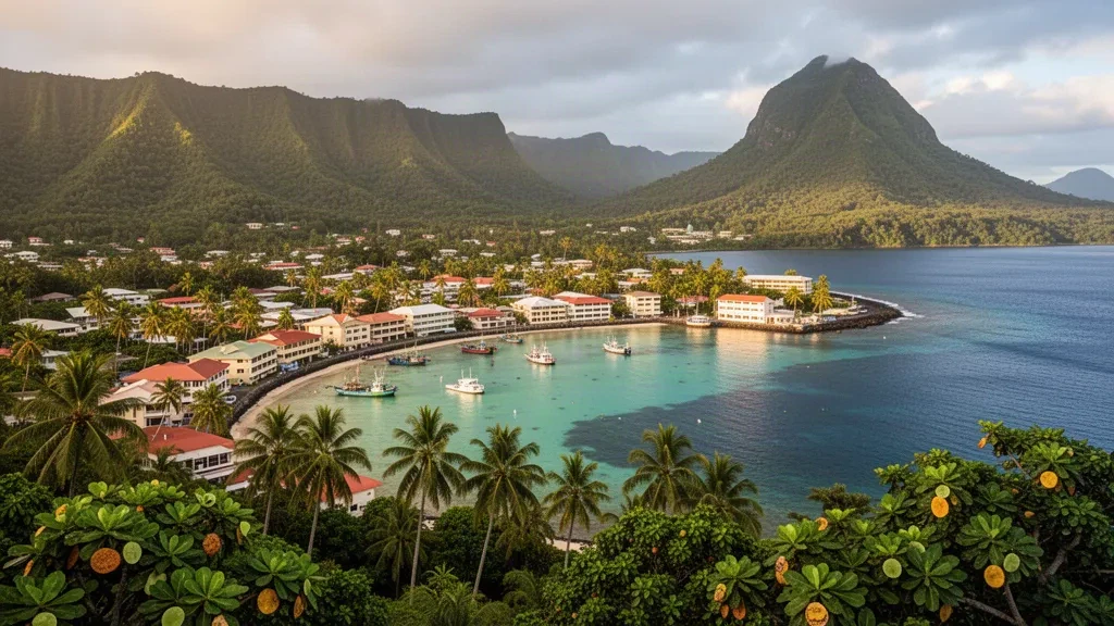 Lungomare del porto di Apia e la cresta boscosa del monte Vaea nel distretto di Tuamasaga, Samoa, sotto una calda luce tropicale del tardo pomeriggio