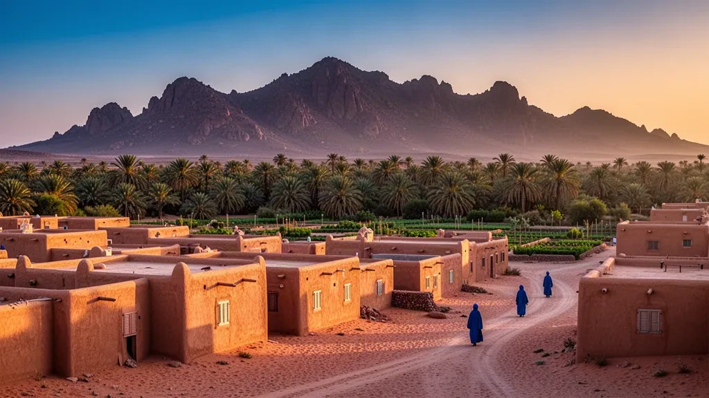 Ciudad oasis sahariana de Tamanrasset con casas de adobe y palmerales bajo las montañas Hoggar en Argelia