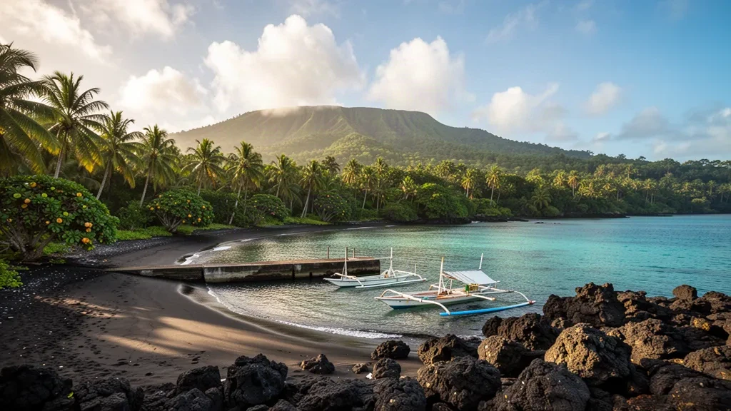 Veduta dell'ora d'oro della baia di Asau nel distretto di Vaisigano a Savai'i, Samoa, con costa di roccia lavica orlata di palme e laguna turchese