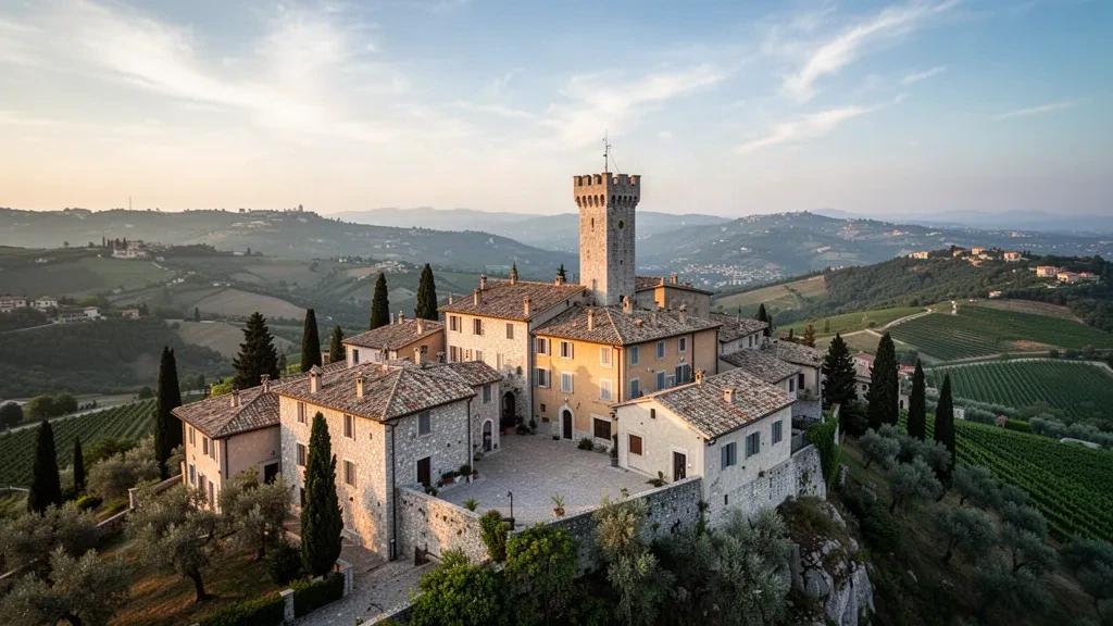 Panoramablick auf Fiorentino in San Marino mit mittelalterlichem Steinturm, Terrakotta-Dächern und zypressengesäumten Hügeln zur goldenen Stunde