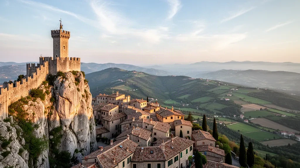 Guaita fortress tower rising above the terracotta rooftops of San Marino on Monte Titano at golden hour