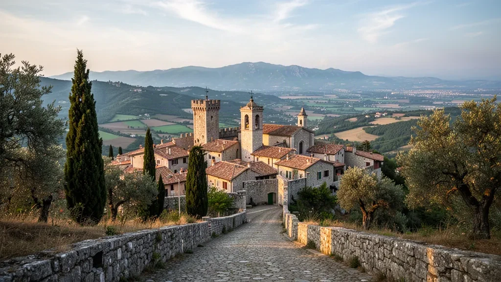 Serravalle in San Marino mit mittelalterlichem Steinturm, Dächern aus Terrakotta und sanften Hügeln des Apennin im goldenen Nachmittagslicht