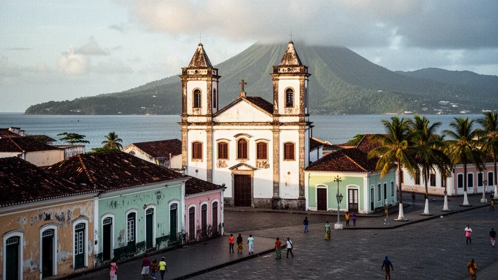 Cattedrale bianca con due torri e lungomare coloniale dai colori pastello ad Água Grande, São Tomé e Príncipe, illuminati dal sole caldo del tardo pomeriggio