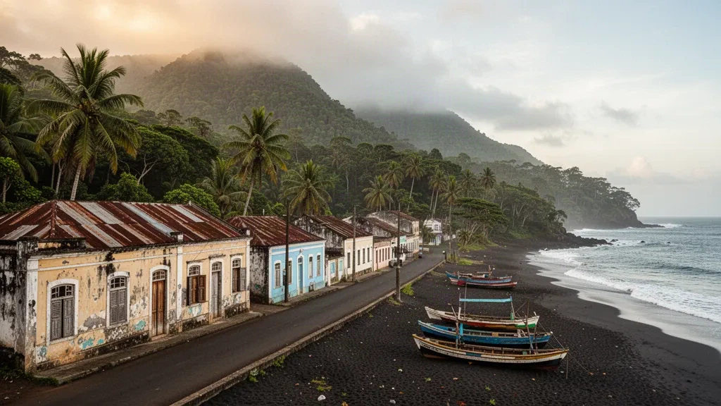 Paisaje costero de la localidad de Lembá en la isla de Santo Tomé, Santo Tomé y Príncipe, con edificios coloniales, palmeras y la orilla del Atlántico
