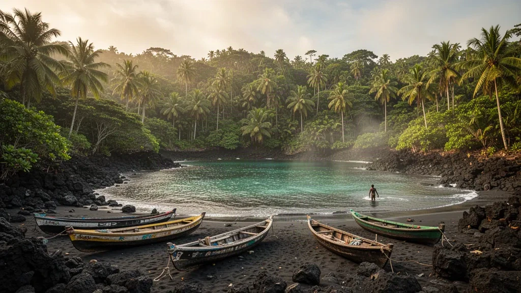 Falaises volcaniques sombres et lagon turquoise encadré de palmiers le long de la côte de Lobata à São Tomé-et-Príncipe