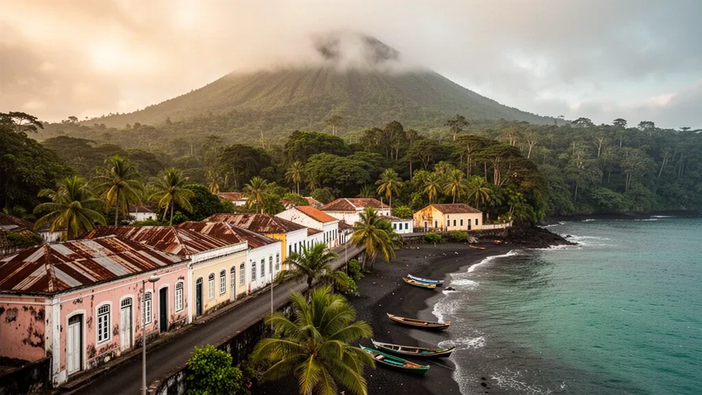 Colonial waterfront of Santo António on Príncipe island, São Tomé and Príncipe, framed by rainforest and the volcanic peak above the Gulf of Guinea