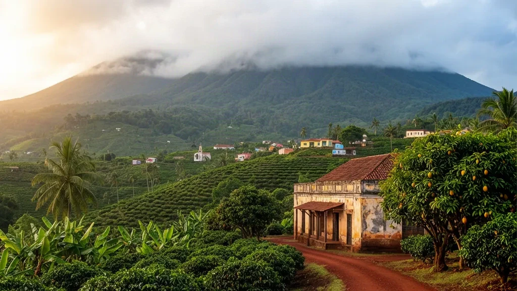 Plantations luxuriantes de cacao et de café sous les hautes terres volcaniques brumeuses de Mé-Zóchi, São Tomé-et-Príncipe au lever du soleil