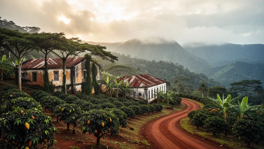 Lussureggiante piantagione di cacao e caffè con colline vulcaniche nebbiose nel distretto di Mé-Zóchi, São Tomé e Príncipe, nella calda luce del mattino.