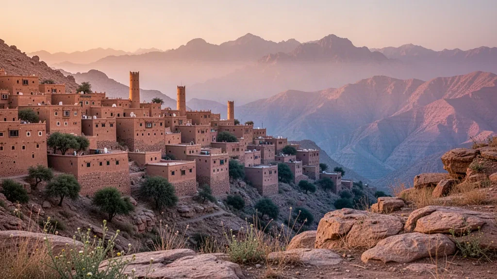 Altın saatlerde Suudi Arabistan'daki Al Baha şehri çevresindeki geleneksel taş kule evler ve puslu dağ sırtları