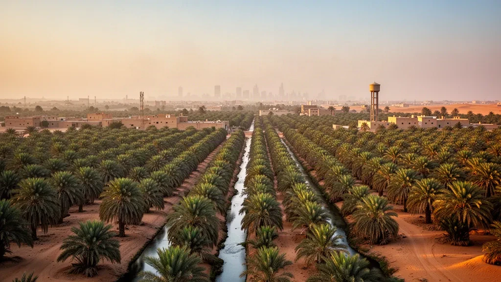 Palmeraies s'étendant sur l'oasis d'Al-Qassim près de Buraydah, en Arabie saoudite, dans une chaude lumière dorée du désert