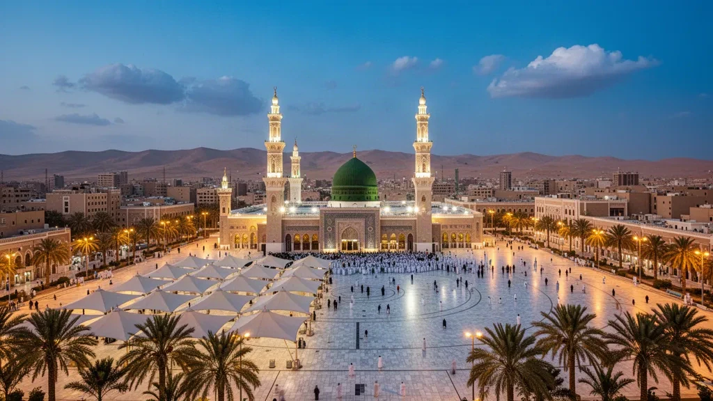 Al-Masjid an-Nabawi à Al Madinah, en Arabie saoudite, son dôme vert et ses minarets illuminés au crépuscule au-dessus de l'esplanade de marbre