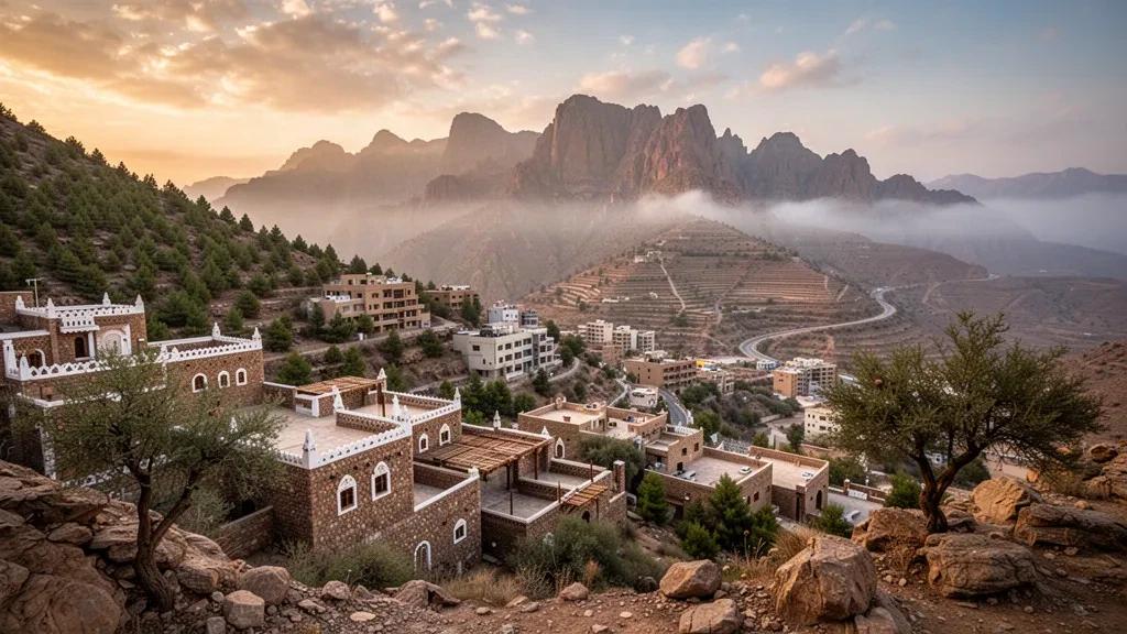 Veduta panoramica della città di Abha ad Asir, Arabia Saudita, circondata dalle verdi Montagne Sarawat durante l'ora d'oro.
