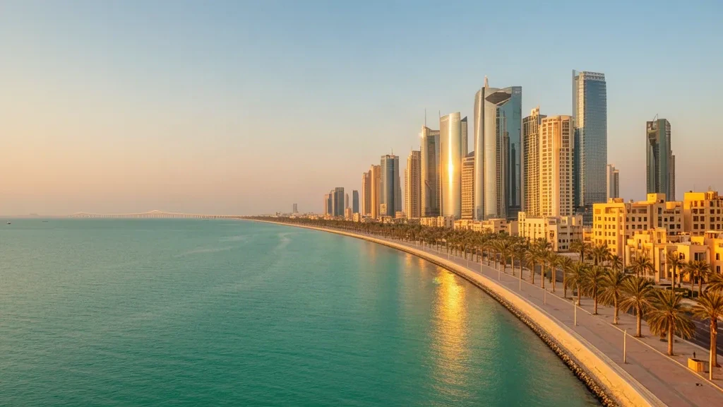 Dammam Corniche waterfront and modern skyline at golden hour, Eastern Province of Saudi Arabia, with Arabian Gulf views