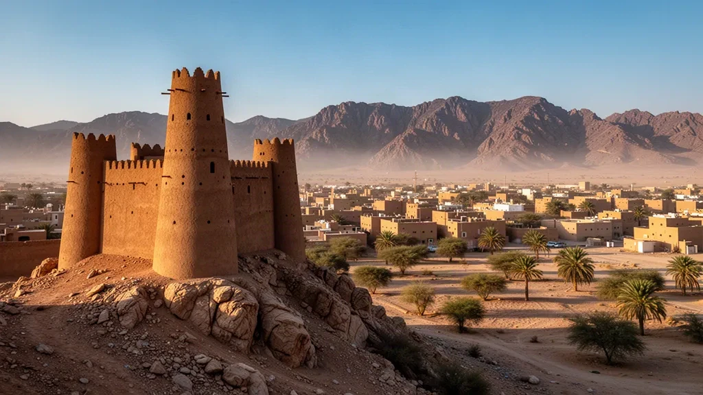 Die Lehmziegeltürme des A'arif-Fort ragen über Ha'il in Saudi-Arabien empor und leuchten im warmen Licht der goldenen Stunde in der Wüste