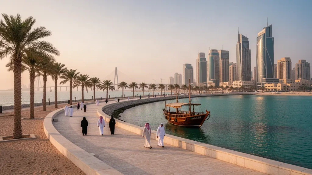 Vue à l'heure dorée du front de mer de la Corniche de Dammam et de sa skyline sur le golfe Arabique, dans la province orientale de l'Arabie saoudite