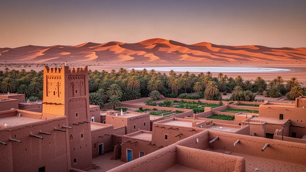 Edificios del ksar de adobe ocre rojo de Timimoun, Argelia, con vistas a palmerales datileros y dunas del Sáhara durante la hora dorada