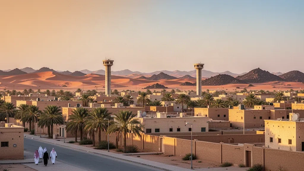 Skyline der Stadt Arar in der Provinz Nördliche Grenzen Saudi-Arabiens mit ihrem markanten Wasserturm und dem Wüstenhorizont zur goldenen Stunde