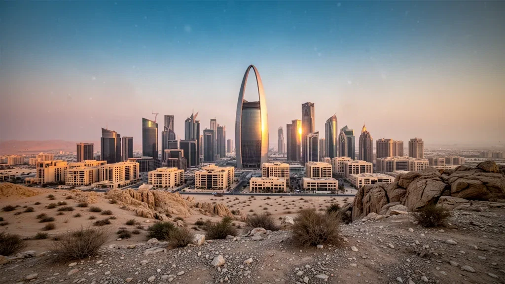 Horizonte de Riad en la hora dorada con la torre Kingdom Centre elevándose por encima de los modernos rascacielos de la ciudad y la neblina del desierto