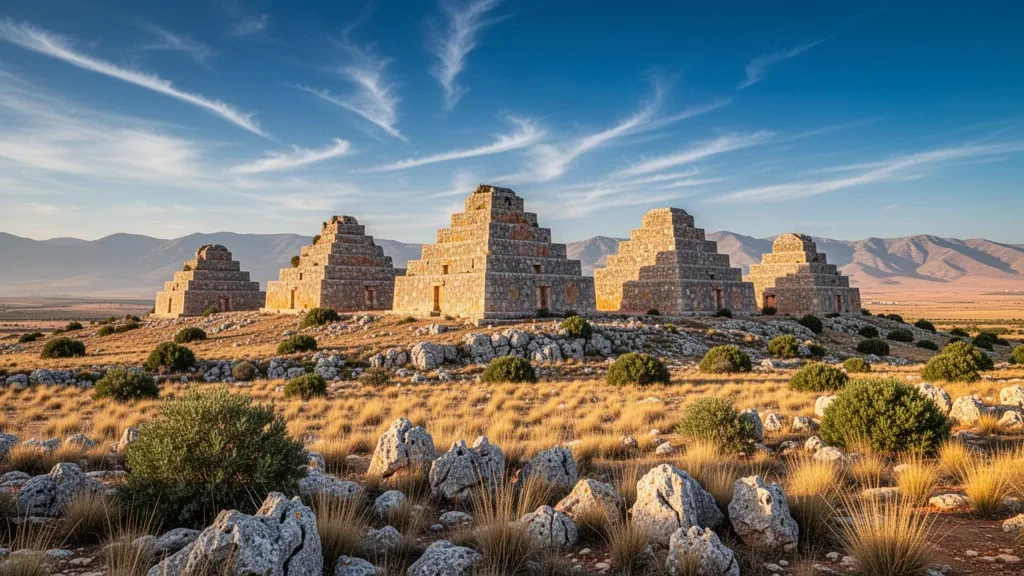 Cezayir, Tiaret yakınlarındaki kayalık bir platoda, geniş bir Kuzey Afrika göğü altında altın saat ışığıyla parlayan antik Jedarlar basamaklı taş mezarları