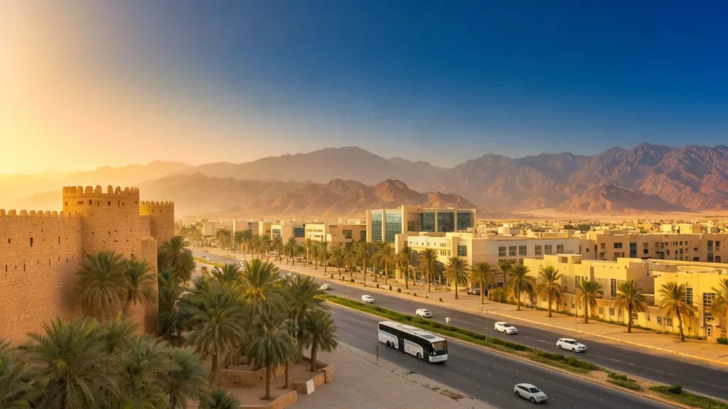 Golden-hour view of Tabuk, Saudi Arabia, with the historic Tabuk Castle, palm-lined streets and desert mountains behind the city skyline.
