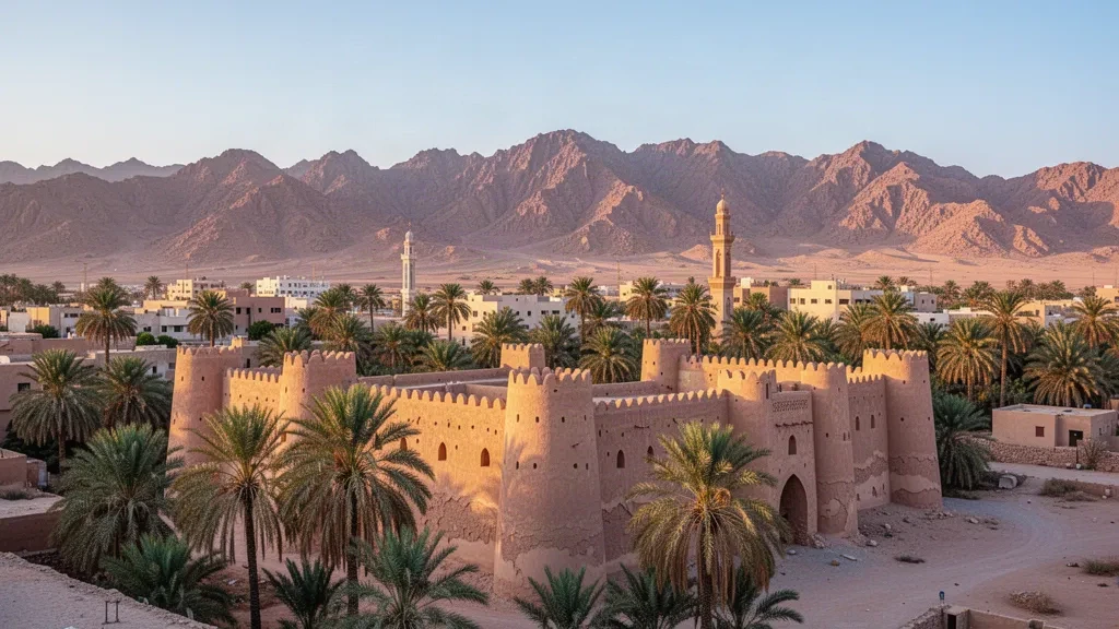 Histórico Castillo de Tabuk con palmeras y el horizonte de la ciudad moderna bajo la luz dorada del desierto en Tabuk, Arabia Saudita.