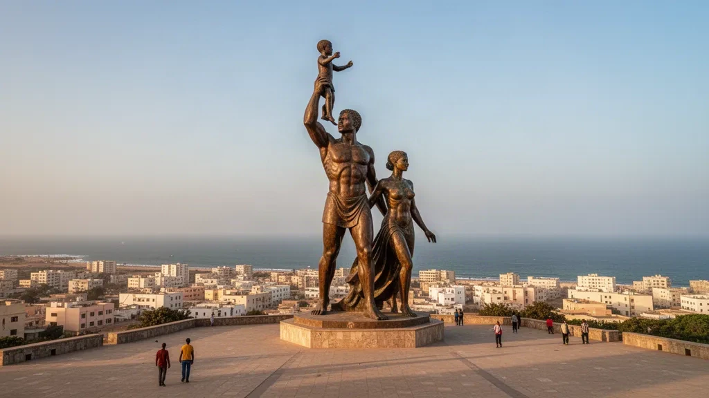Das African Renaissance Monument mit Blick über Dakar, Senegal, im warmen Licht des späten Nachmittags über der Atlantikküste
