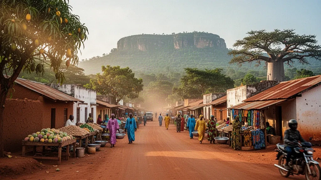 Escena callejera en la hora dorada en Kédougou, Senegal, con caminos de laterita roja, puestos de mercado y las verdes colinas bassari al fondo