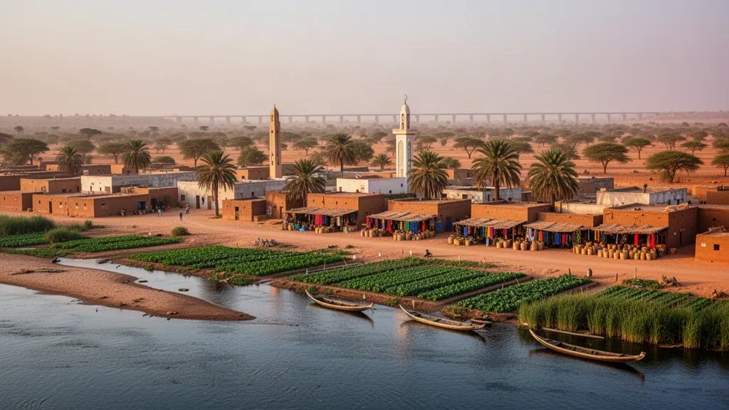 Vista elevada de Matam, Senegal, que muestra la orilla del río Senegal, el perfil urbano de la ciudad, el alminar de la mezquita y baobabs bajo una luz cálida