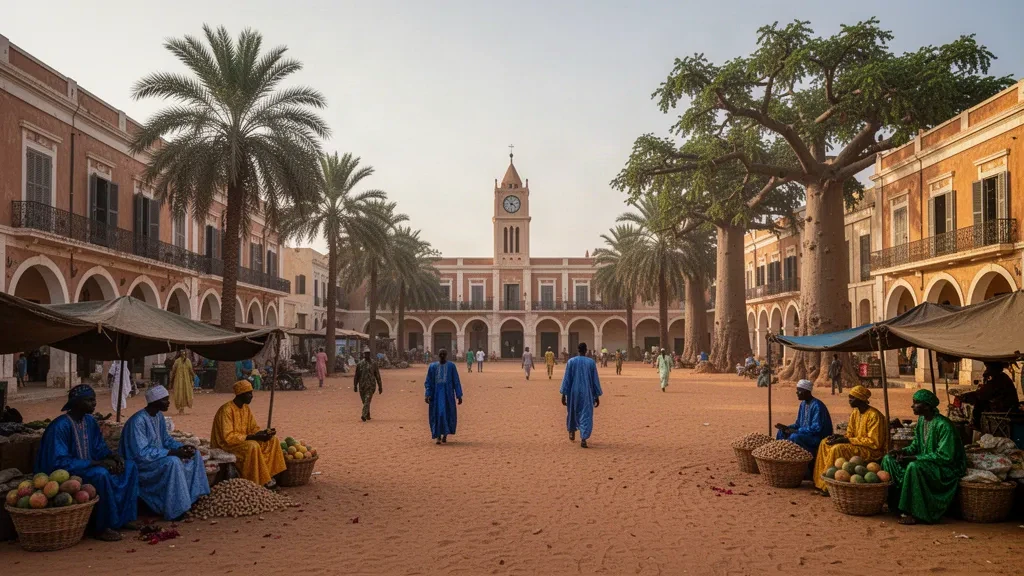 Colonial-era buildings and market stalls around the central square of Thiès, Senegal, under warm Sahelian afternoon light