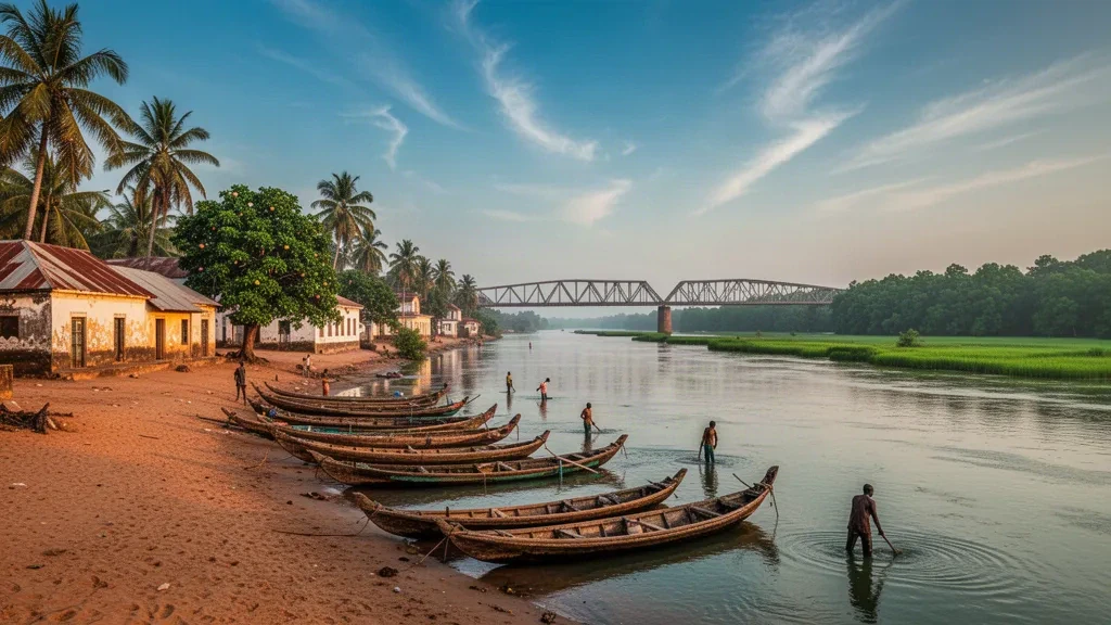 Güney Senegal'de Sédhiou köprüsü yakınında Casamance Nehri üzerindeki piroglar, altın saatlerde