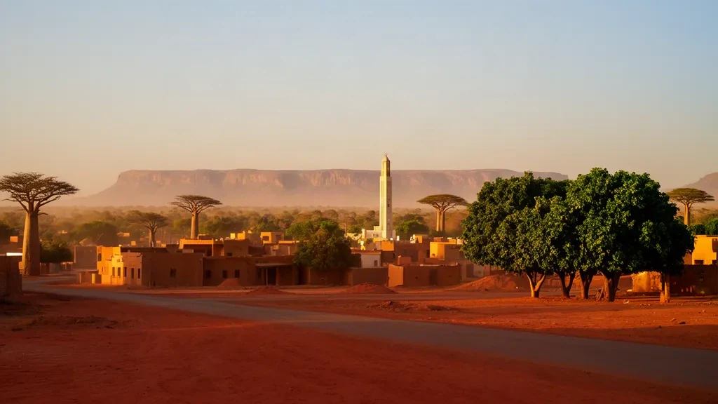 Heure dorée sur Tambacounda, au Sénégal, avec le minaret de la grande mosquée, la savane à baobabs et les routes latéritiques rouges et poussiéreuses.