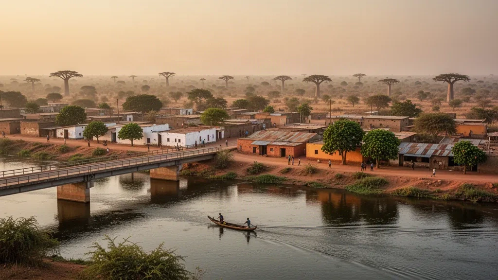 Veduta all'ora dorata del fiume Gambia e del suo ponte basso a Tambacounda, Senegal, incorniciata dalla savana di baobab