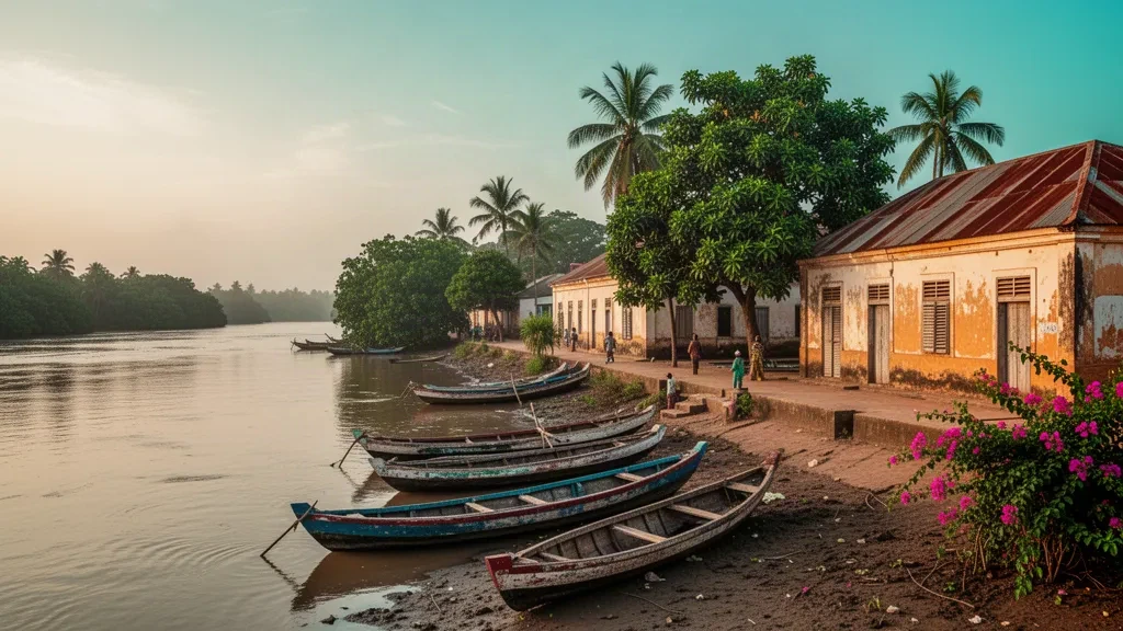 Uferpromenade von Ziguinchor am Casamance-Fluss im Süden Senegals, mit Kolonialgebäuden, Mangobäumen und hölzernen Fischerpirogues zur goldenen Stunde