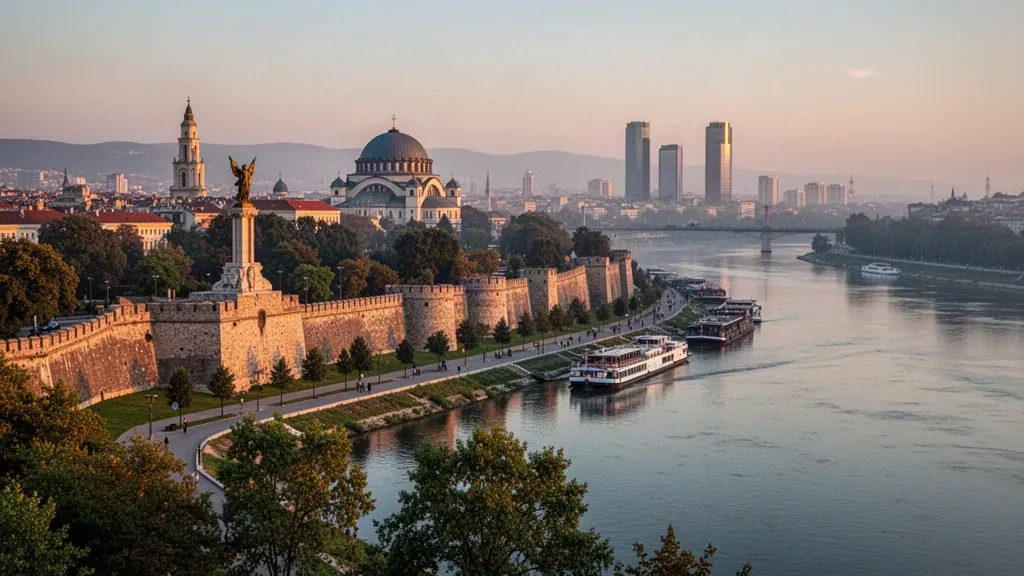 La Fortezza di Belgrado e il Parco Kalemegdan affacciati sulla confluenza dei fiumi Sava e Danubio nell'ora d'oro a Belgrado, Serbia