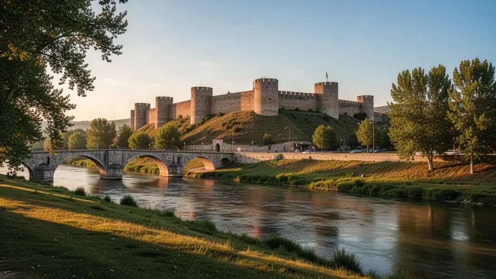 Blick zur goldenen Stunde auf die Festung von Niš in Serbien, mit der Nišava und alten Steinmauern unter einem warmen Himmel.