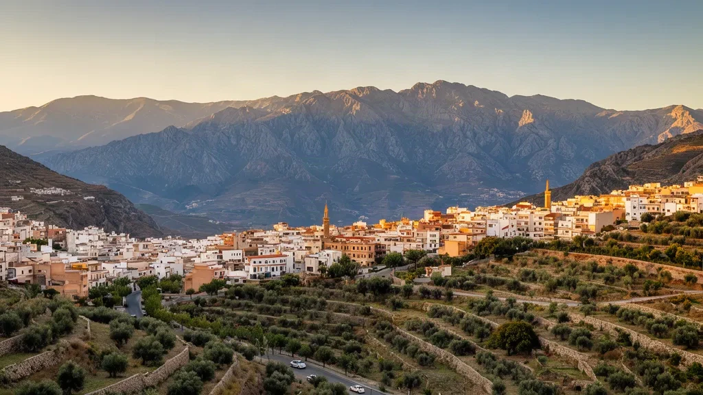 Vista durante la hora dorada sobre Tizi Ouzou, Argelia, con edificios blancos en la ladera, olivares y las montañas del Djurdjura elevándose al fondo.