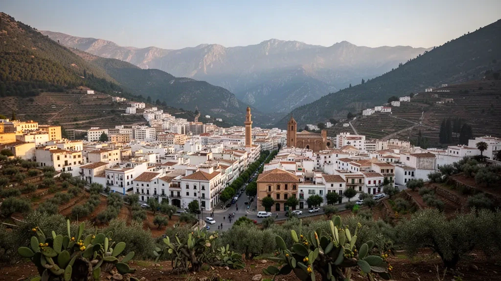 Vista panorámica de Tizi Ouzou, Argelia, con tejados cabilas encalados bajo las montañas del Djurdjura durante la hora dorada
