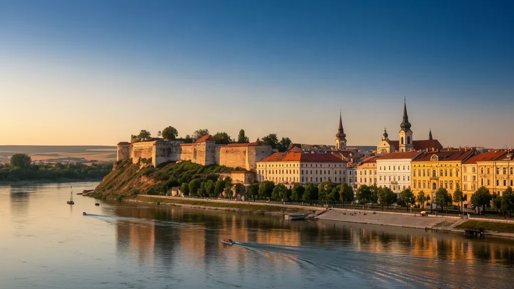 Vista de Novi Sad, Serbia, durante la hora dorada, con la Fortaleza de Petrovaradin sobre el Danubio y el perfil del casco antiguo
