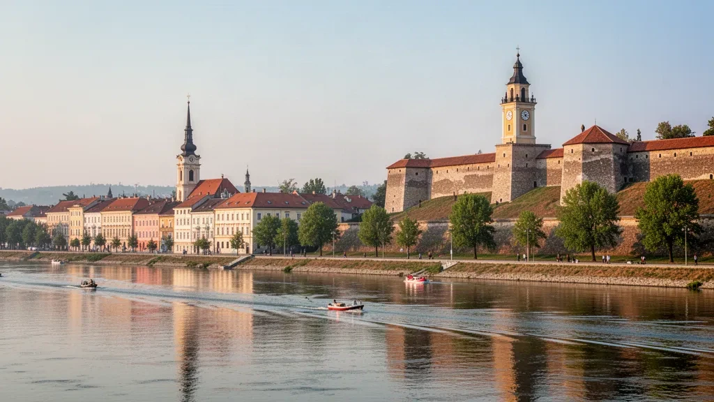 La Fortaleza de Petrovaradin y el perfil del paseo fluvial del Danubio de Novi Sad, Vojvodina, Serbia, resplandeciendo con la cálida luz del final de la tarde